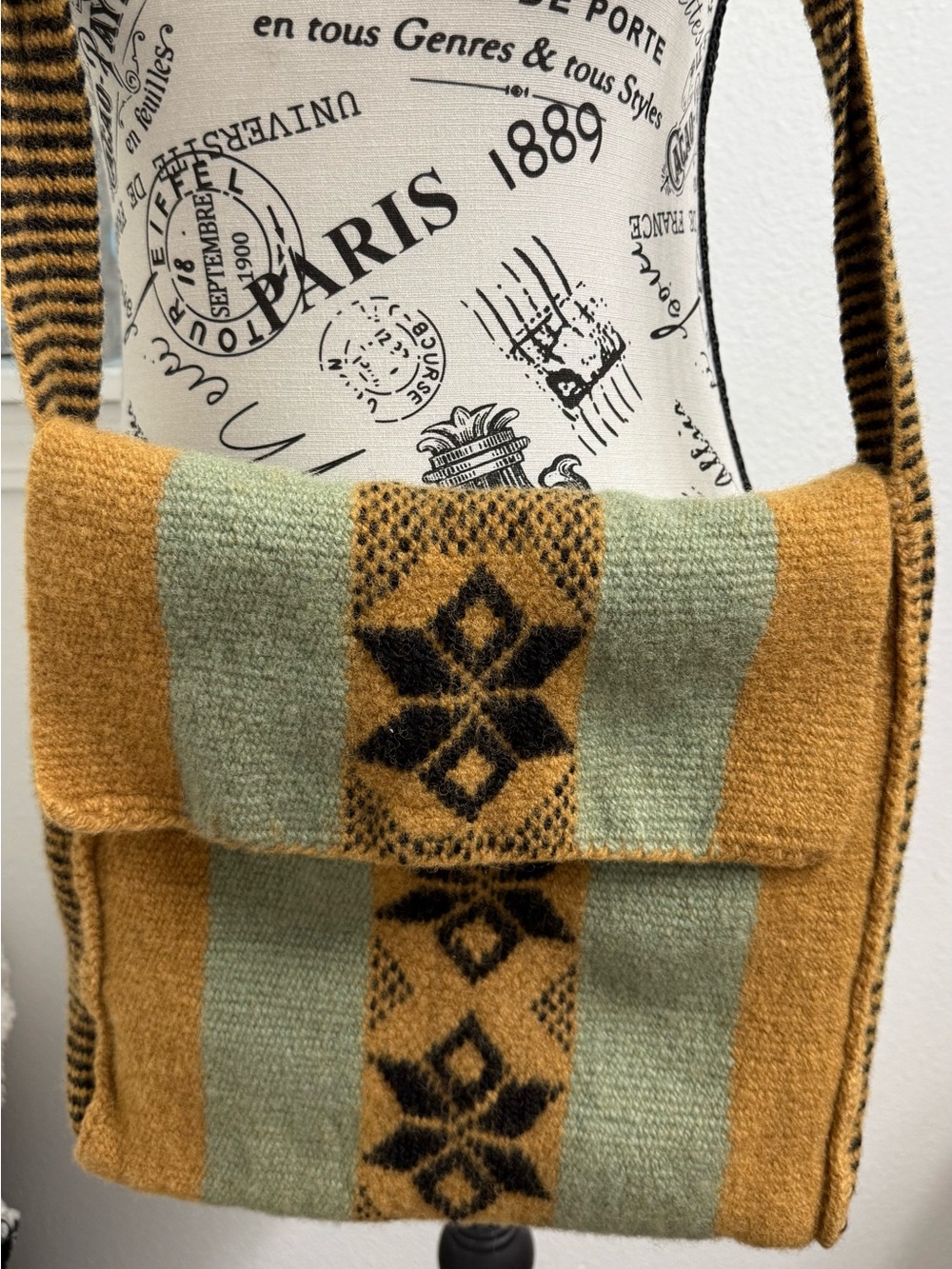 Pendleton Mustard & Sage Wool Crossbody Bag with Black Motif